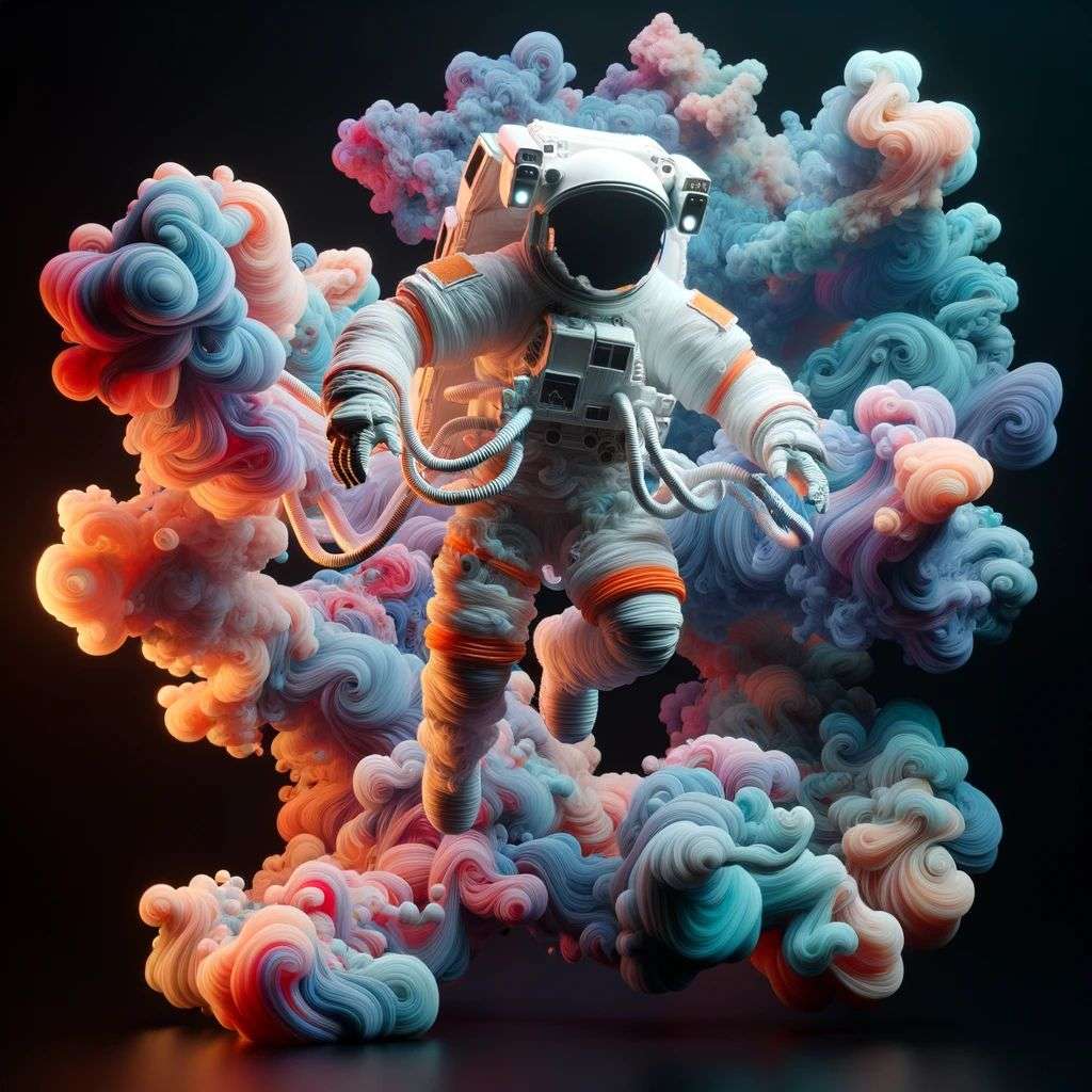 an astronaut made of very detailed curling wispy glowing multicolored smoke, digital art, volumetric, 3D render, Octane render